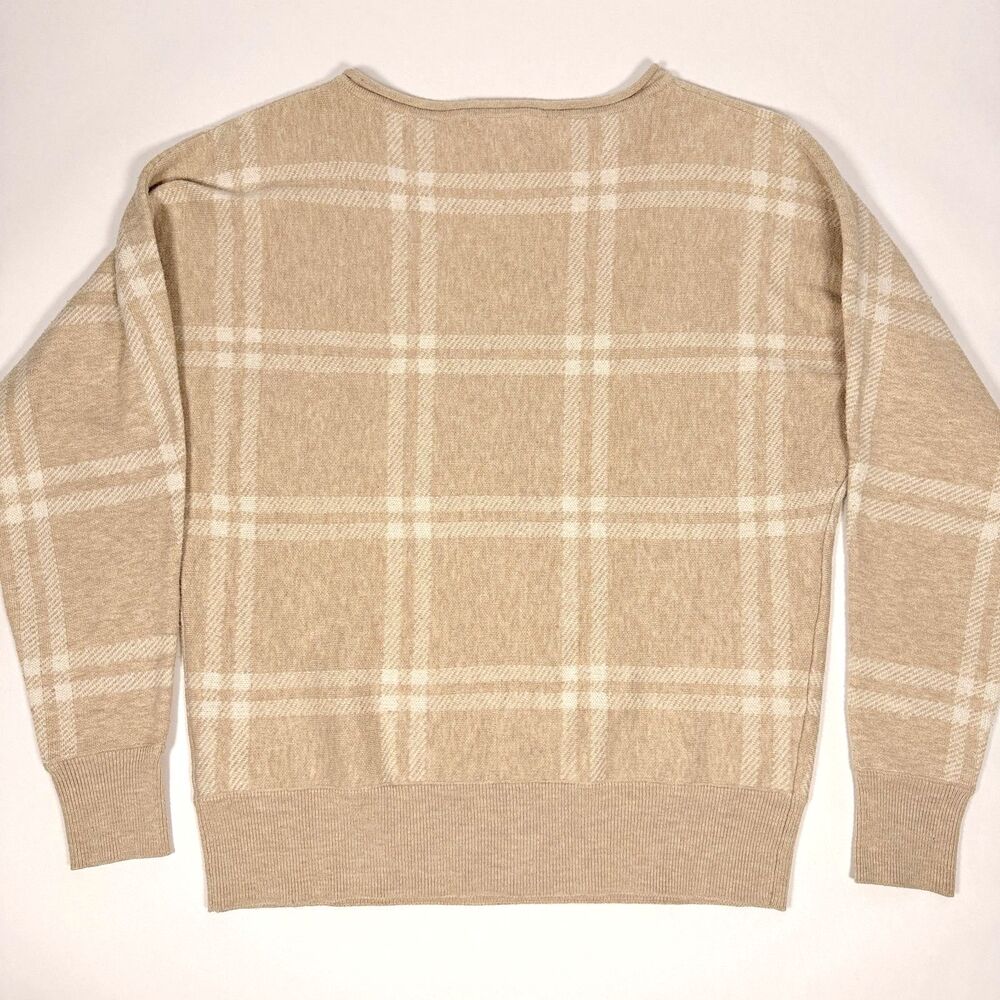 Cynthia Rowley Beige White Plaid Check‎ Oversized Knit Crewneck Sweater Neutral - Picture 7 of 8